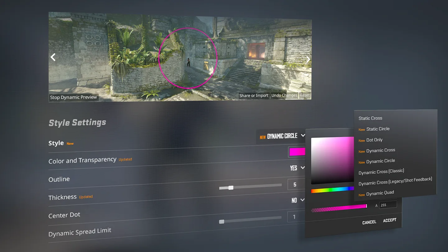 The new CS2 Crosshair/Scopes settings screen: a live preview of a pink Dynamic Circle crosshair on a map, a style dropdown listing eight styles with five marked New, and a full colour picker with an alpha value.
