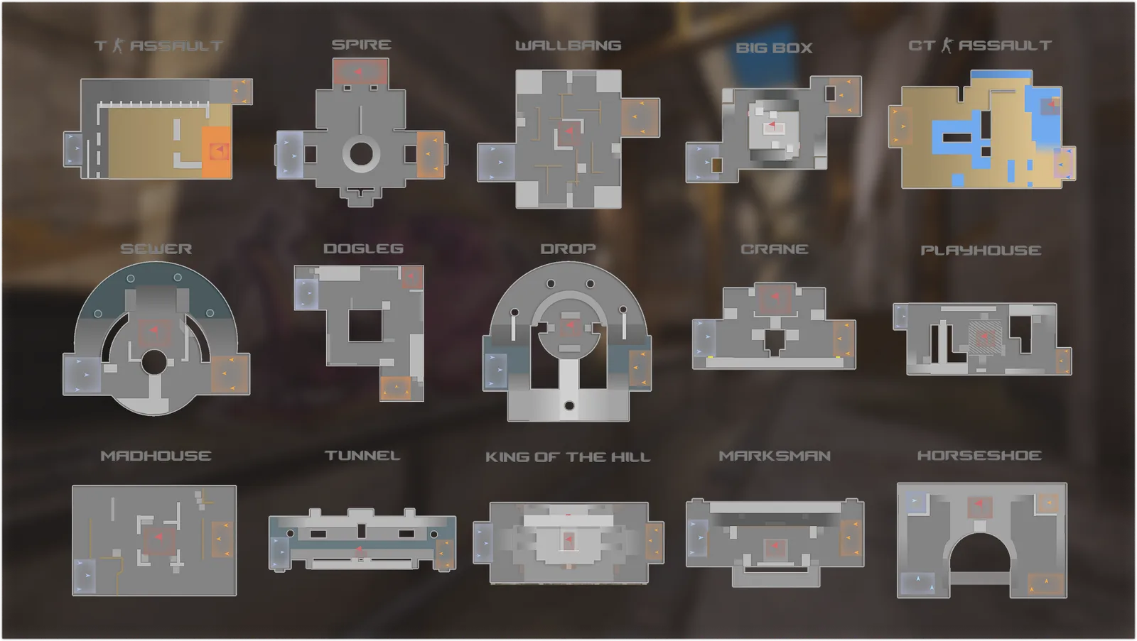 Top-down layouts of all fifteen CS2 Rush battle arenas, each labelled with its name, with terrorist and counter-terrorist spawns marked at opposite ends and a tower in the middle.