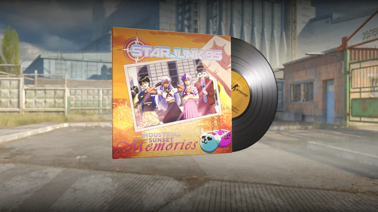 The Starjunk 95 Industrial Sunset Memories music kit: a 1990s anime-style vinyl sleeve with four characters in a photo frame, half-pulled from its record.